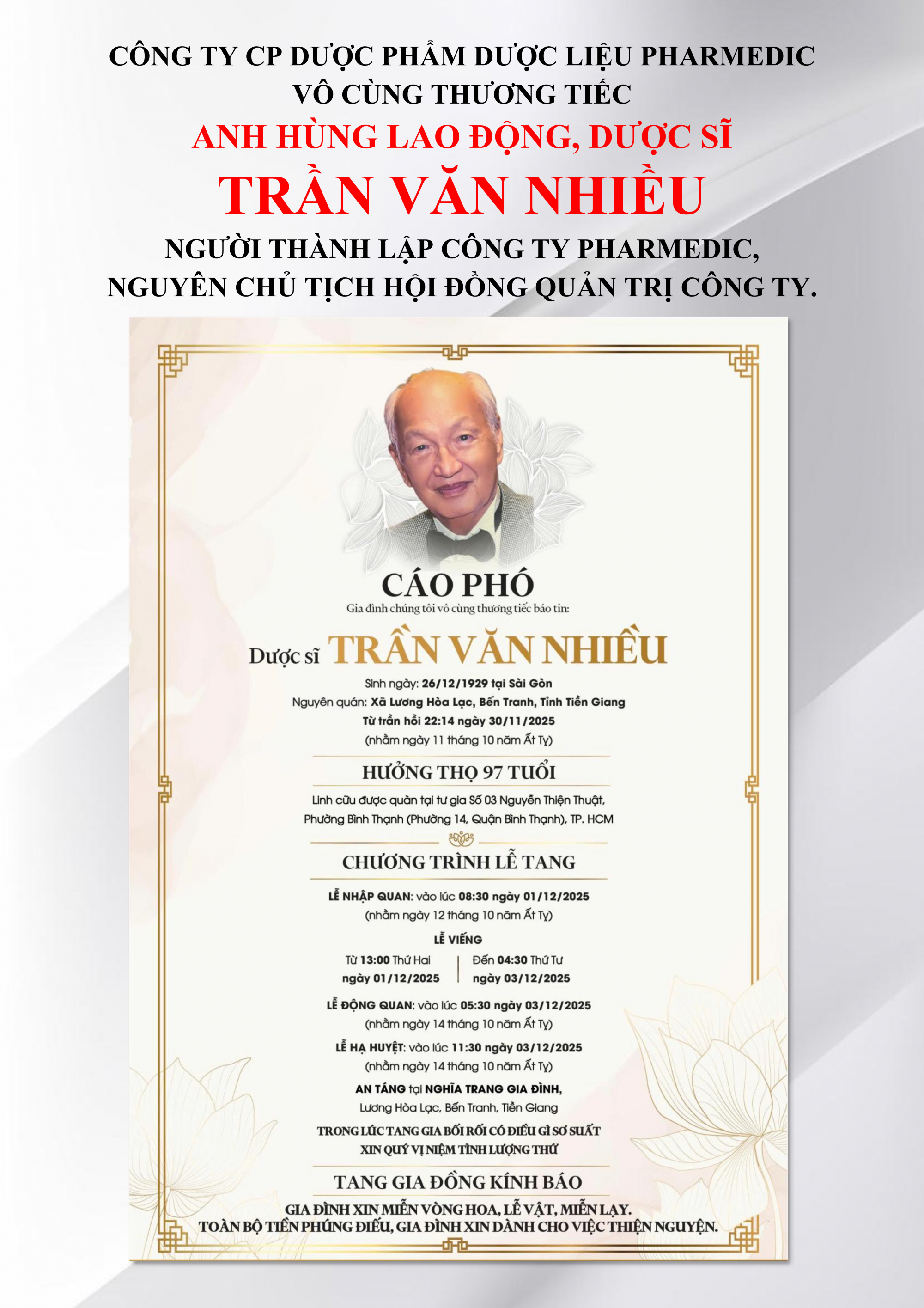 Cáo Phó Dược Sĩ Trần Văn Nhiều